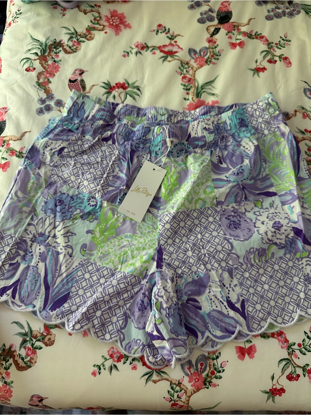 Lilly Pulitzer Lavender, Purple & Green Patchwork Floral Scalloped Sleep Shorts
